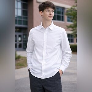 KIDS BOYS BOSS WHITE COTTON LONG SLEEVE BUTTON-DOWN LOGO DRESS SHIRT - SIZE 14